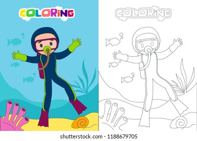 Diving Kids Coloring Book Page Vector Stock Vector (Royalty Free ...