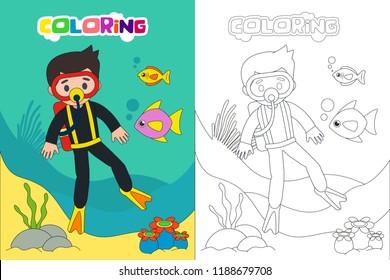 Diving kids coloring book or page, vector cartoon illustration