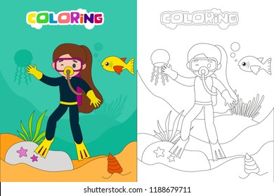 Diving kids coloring book or page, vector cartoon illustration