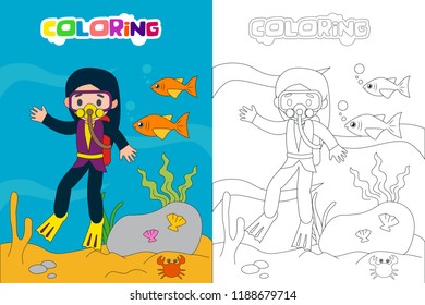 Diving kids coloring book or page, vector cartoon illustration