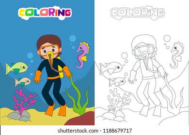 Diving Kids Coloring Book Page Vector Stock Vector (Royalty Free ...