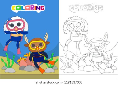 Diving kids coloring book or page, vector cartoon illustration with animal character