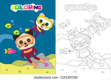 Diving kids coloring book or page, vector cartoon illustration with animal character