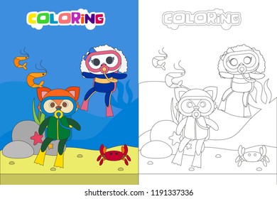 Diving kids coloring book or page, vector cartoon illustration with animal character