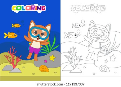 Diving kids coloring book or page, vector cartoon illustration with animal character