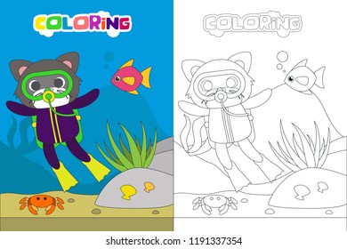 Diving kids coloring book or page, vector cartoon illustration with animal character
