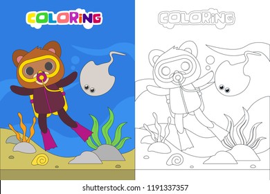 Diving kids coloring book or page, vector cartoon illustration with animal character