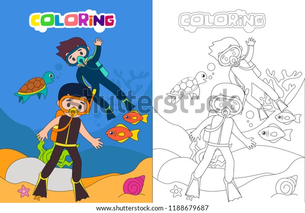 Diving Kids Coloring Book Page Vector Stock Vector (Royalty Free ...