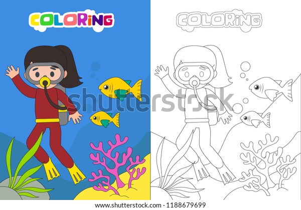 Diving Kids Coloring Book Page Vector Stock Vector (Royalty Free ...