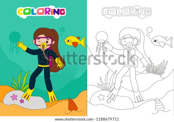 Diving Kids Coloring Book Page Vector Stock Vector (Royalty Free ...