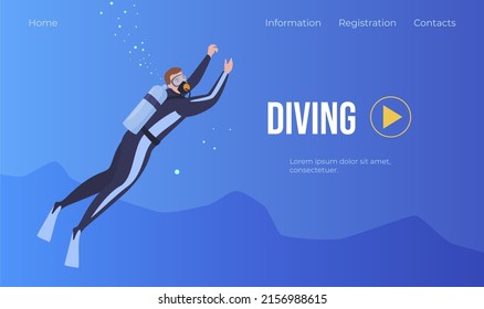 Diving landing page user interface vector flat illustration. Male diver in aqualung swimming underwater internet banner with place for text. Extreme sports hobby recreation activity aquatic action