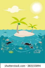 Diving lessons in a coral rich island. Editable Clip Art. 