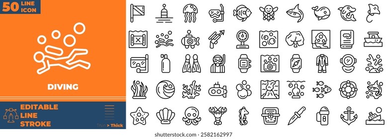 Diving Line Editable Icons set. Vector illustration in modern thin line style of diving icons: scuba, snorkeling, wetsuit, etc