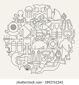 Diving Line Icons Circle. Vector Illustration of Outline Design.