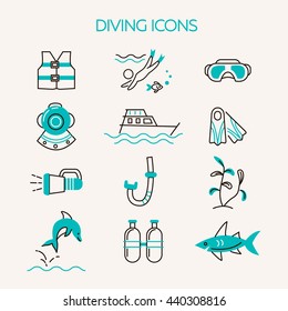 Diving line icons set. Underwater activity vector icons. Scuba-diving elements isolated. Summer concept . Marine symbols. Diving equipment. Scuba diving and underwater objects.