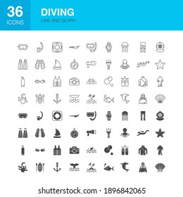 Diving Line Web Glyph Icons. Vector Illustration of Sea Outline and Solid Symbols. 