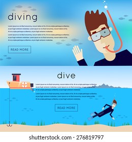 Diving. Man under water waving. Sea, a boat floats man. Summer concept. Sea leisure. 2 banners with place for text. Flat icons vector illustration.