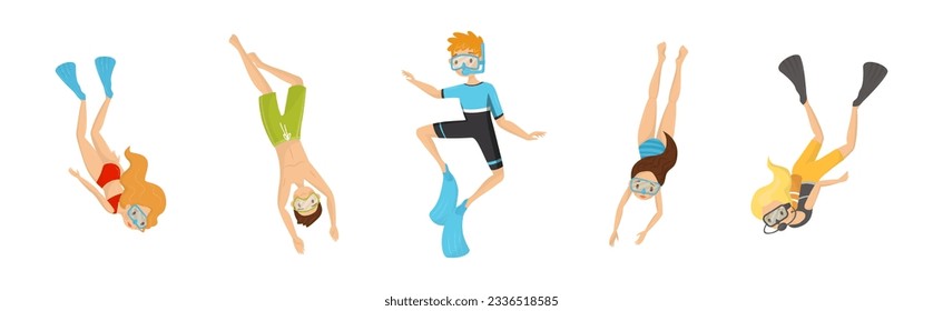 Diving Man and Woman with Breathing Equipment and Flippers Diving Underwater Vector Set