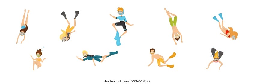 Diving Man and Woman with Breathing Equipment and Flippers Diving Underwater Vector Set