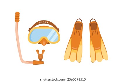 diving mask with breathing apparatus and flippers, tool for swimming, suitable for posters and web icons