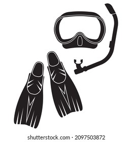 Diving mask and fins, isolated vector illustration, black silhouette icon