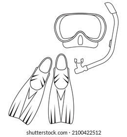 Diving mask and fins, isolated vector illustration contour