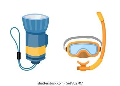 Diving mask and flashlight isolated on white background.