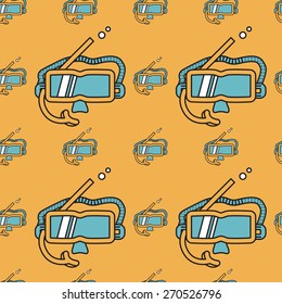 Diving mask flat color vector background. Seamless colored vector pattern with flat design goggles with snorkel for active leisure on yellow background.