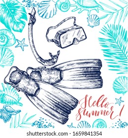 Diving mask and flippers drawing on summer background with lettering Hello summer
