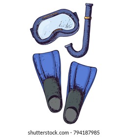 Diving mask and flippers on white background, cartoon illustration of beach accessories for scuba diving. Vector