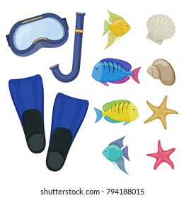 Diving mask and flippers on white background, cartoon illustration of beach accessories for scuba diving. Vector