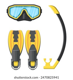 Diving mask, flippers and snorkel. Diving equipment. Scuba, snorkeling. Goggles and pipe. Vector illustration in flat style