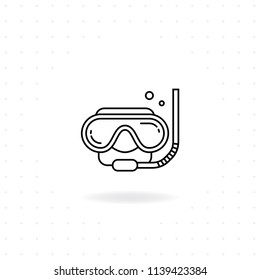 Diving mask icon, Black thin line Diving mask icon with shadow, Vector of Diving mask with snorkel for Diving, Sport water, and Underwater activities 