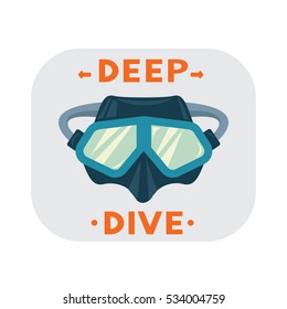 Diving mask icon with slogan: DEEP DIVE on a white background. Vector illustration - Scuba diving equipment.