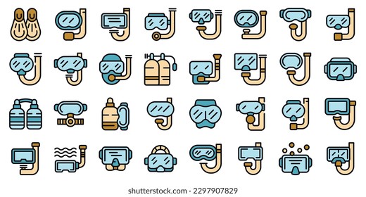 Diving mask icons set outline vector. Dive swim. Glasses scuba thin line color on white