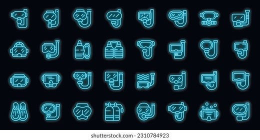 Diving mask icons set outline vector. Dive swim. Glasses scuba neon color on black