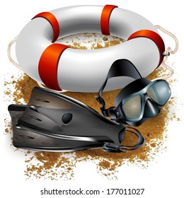 Diving mask, a life saver and flippers, isolated on white background 