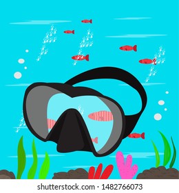 Diving mask over the coral reef with fishes. Scuba diving concept - Vector