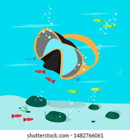 Diving mask over the ocean. Scuba diving concept - Vector. Scuba diving concept - Vector