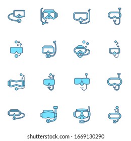 diving mask and scuba diving colored outline icon set. simple sign for dive mask icon concept. vector illustration. 