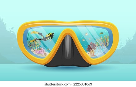 Diving mask with seascape background. Scuba diver swimming underwater on seabed inside glasses. Free diving club concept realistic poster. Summer vacation ocean travelling tourism. Vector illustration