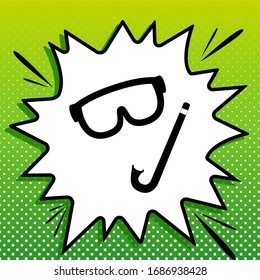 Tauchmaske-Zeichen. Schwarzes Symbol auf weißem Popart Splash auf grünem Hintergrund mit weißen Flecken. Illustration.