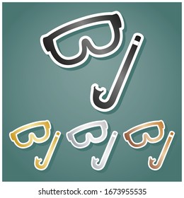 Diving mask sign. Set of metallic Icons with gray, gold, silver and bronze gradient with white contour and shadow at viridan background. Illustration.