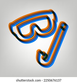 Diving mask sign. Stroked Icon in orange, azure and old lavender Colors at gray Background. Illustration.