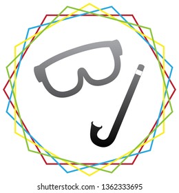 Diving mask sign. Vector. Black icon with patch of light inside colorful hexagonal frames at white background.