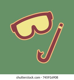 Diving mask sign. Vector. Cordovan icon and mellow apricot halo with light khaki filled space at russian green background.