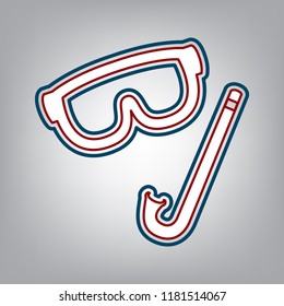 Diving mask sign. Vector. Dark red, transparent and midnight green stroke of white icon at grayish background.
