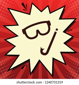 Diving mask sign. Vector. Dark red icon in lemon chiffon shutter bubble at red popart background with rays.