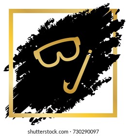 Diving mask sign. Vector. Golden icon at black spot inside golden frame on white background.