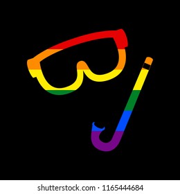 Diving mask sign. Vector. Icon with colors of LGBT flag at black background.